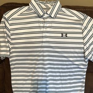 Under Armour, gray and white pull over polo type shirt, size medium